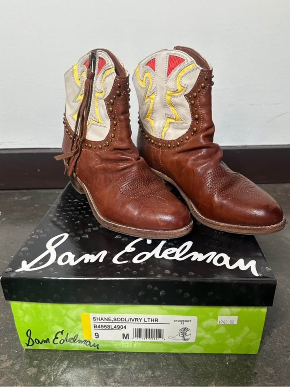 Sam Edelman Men’s Brown Leather Western Boots with Ivory & Yellow Accents